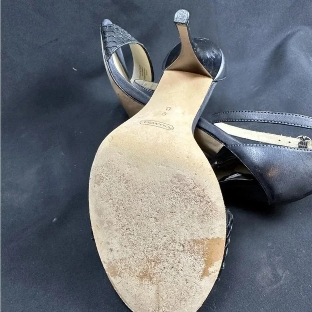Coach 9 M Sandals Black Francesca Snake Embossed‎ Leather Strappy Stiletto Heel